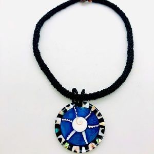 Vintage Peruvian Shell Blue Pendant Statement Necklace